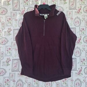 Victoria's Secret PINK Women's Burgundy Oversized Half-Zip Pullover Sweatshirt S
